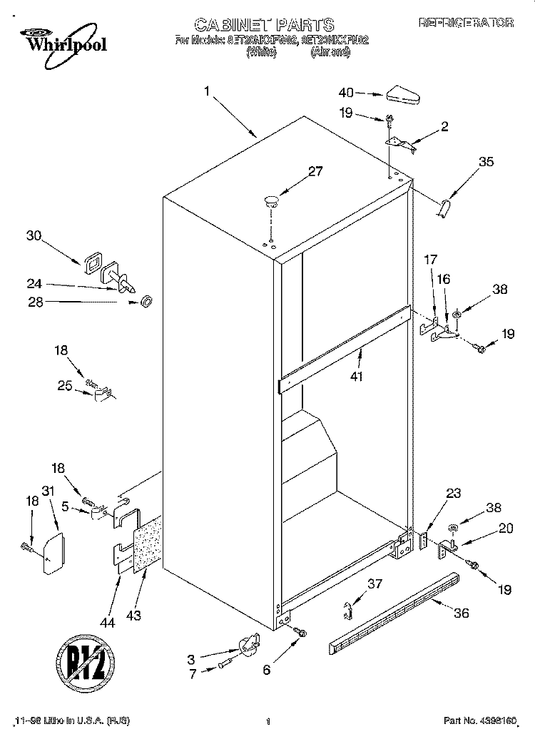CABINET Diagram and Parts List for 8ET20NKXFW02  Whirlpool Refrigerator