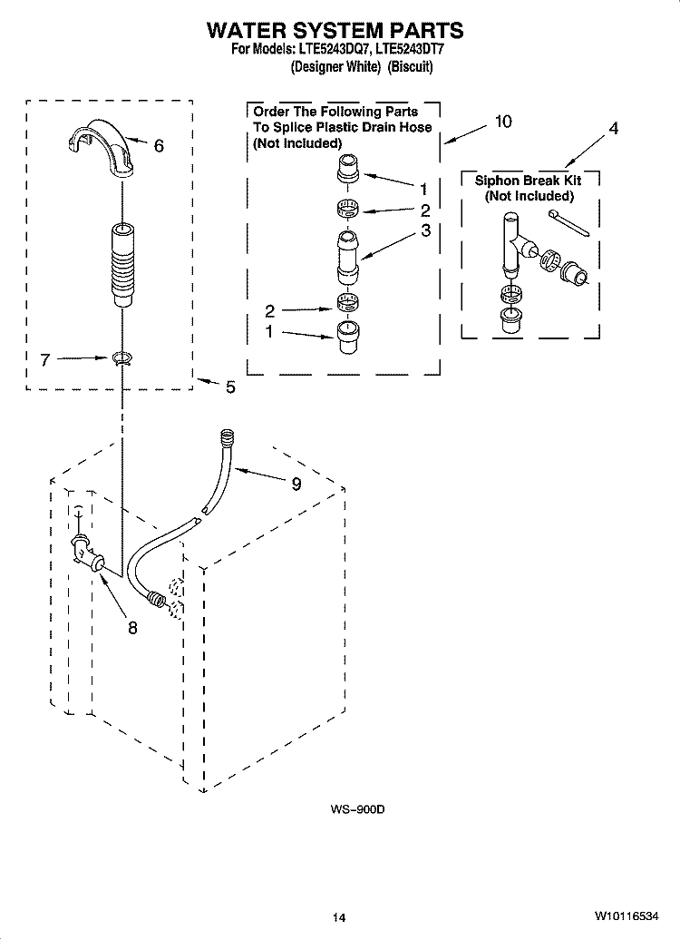 WATER SYSTEM PARTS Diagram and Parts List for LTE5243DT7  Whirlpool Washer Dryer Combo