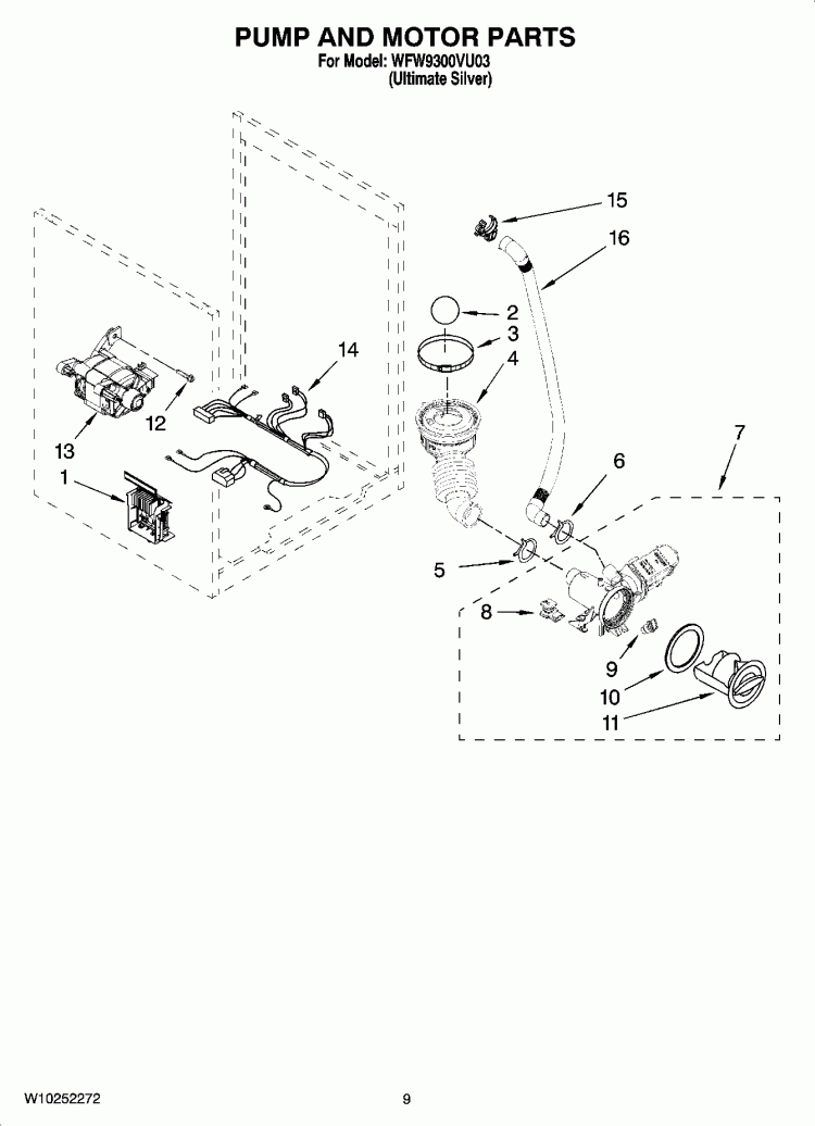 PUMP AND MOTOR PARTS Diagram and Parts List for WFW9300VU03  Whirlpool Washer