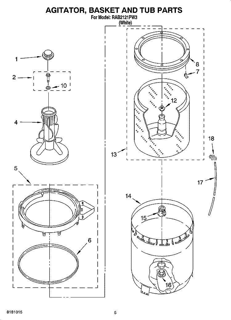 AGITATOR, BASKET AND TUB PARTS Diagram and Parts List for RAB2121PW3  Roper Washer