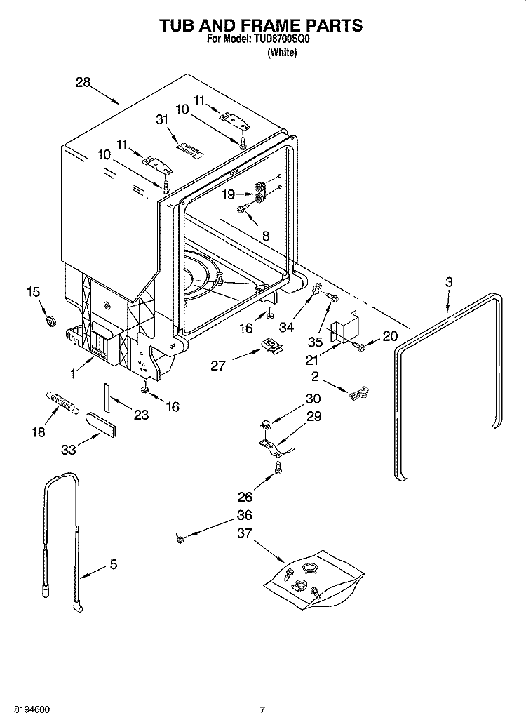 TUB AND FRAME PARTS Diagram and Parts List for TUD8700SQ0  Estate Dishwasher