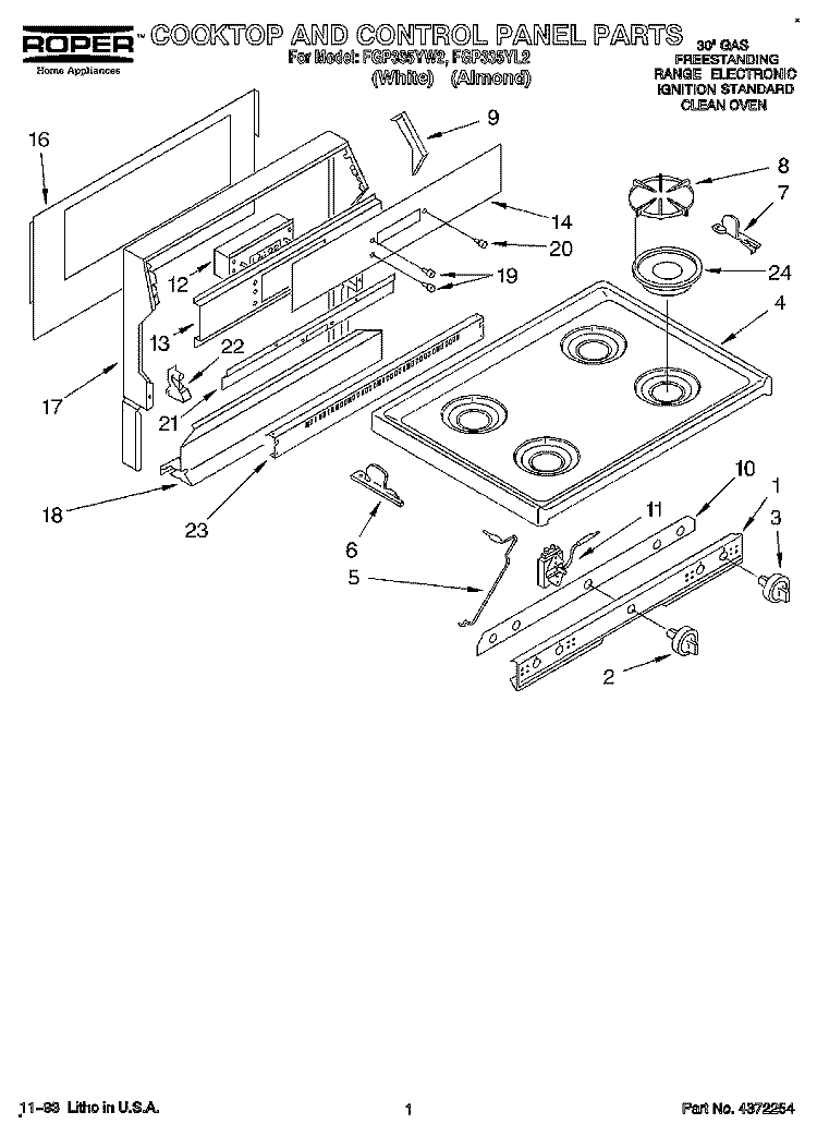 COOKTOP AND CONTROL PANEL, LITERATURE Diagram and Parts List for FGP335YW2  Roper Range