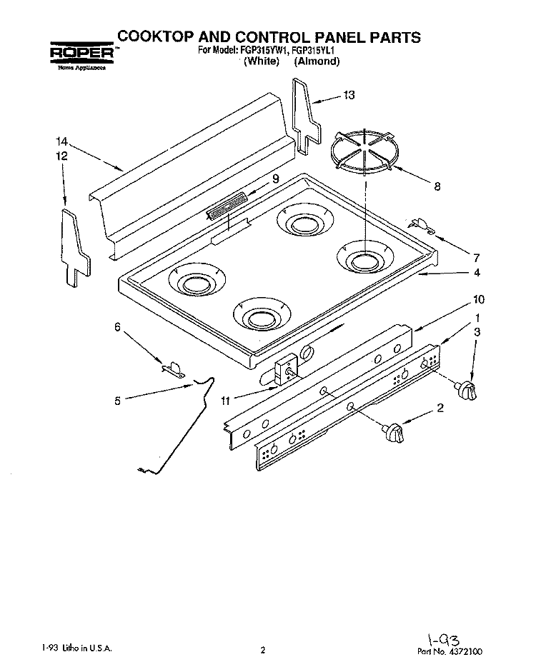SECTION Diagram and Parts List for FGP315YW1  Roper Range