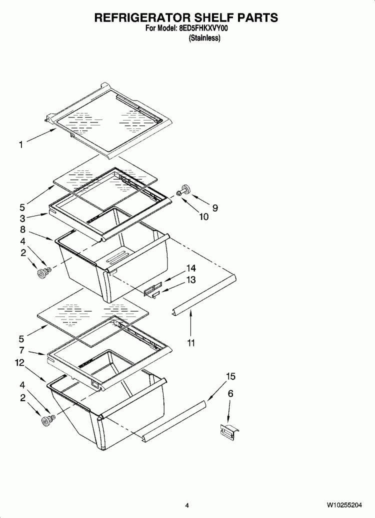 REFRIGERATOR SHELF PARTS Diagram and Parts List for 8ED5FHKXVY00  Whirlpool Refrigerator