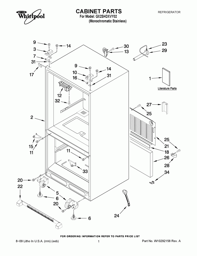 CABINET PARTS Diagram and Parts List for GX2SHDXVY02  Whirlpool Refrigerator