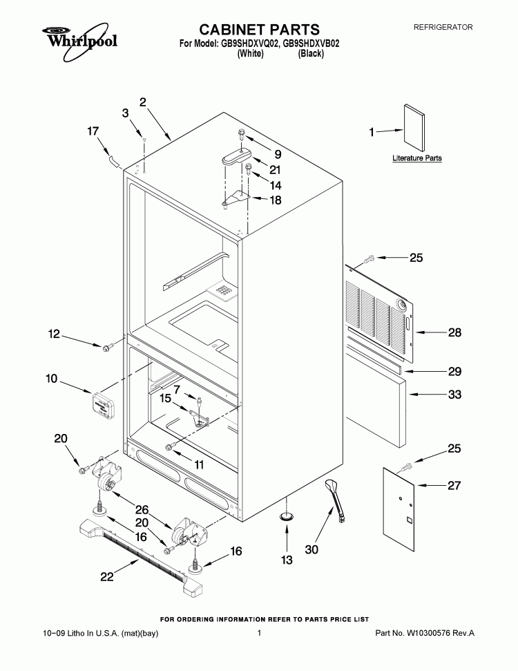 CABINET PARTS Diagram and Parts List for GB9SHDXVQ02  Whirlpool Refrigerator