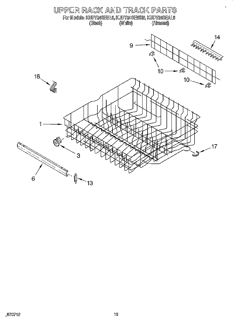 UPPER RACK AND TRACK Diagram and Parts List for KUDY24SEAL5  KitchenAid Dishwasher