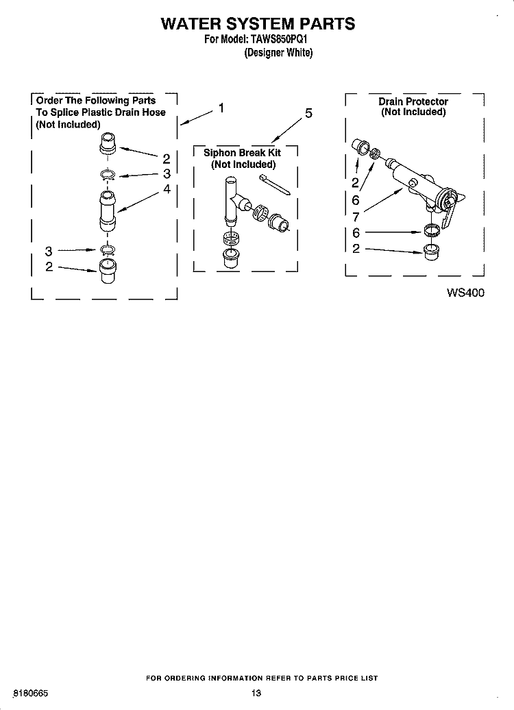 WATER SYSTEM PARTS, MISCELLANEOUS PARTS, OPTIONAL PARTS (NOT INCLUDED) Diagram and Parts List for TAWS850PQ1  Estate Washer