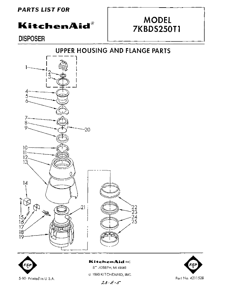 SECTION Diagram and Parts List for 7KBDS250T1  KitchenAid Food Waste Disposer