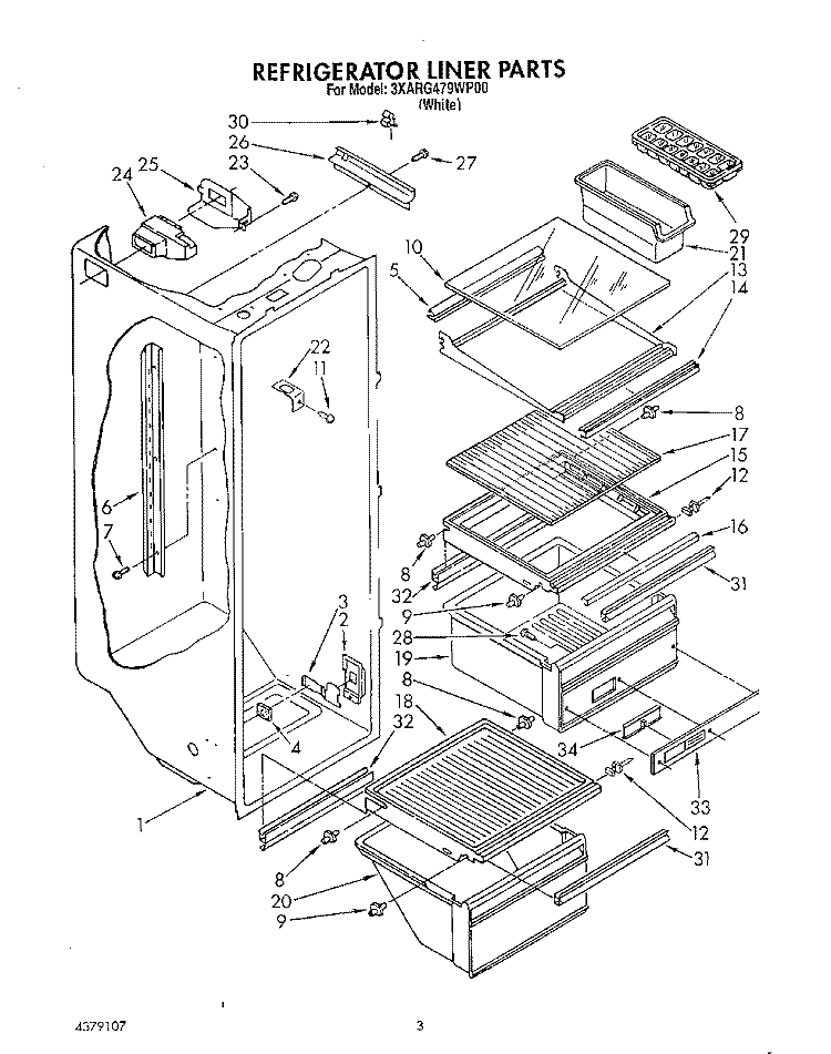 REFRIGERATOR LINER Diagram and Parts List for 3XARG479WP00  Whirlpool Refrigerator