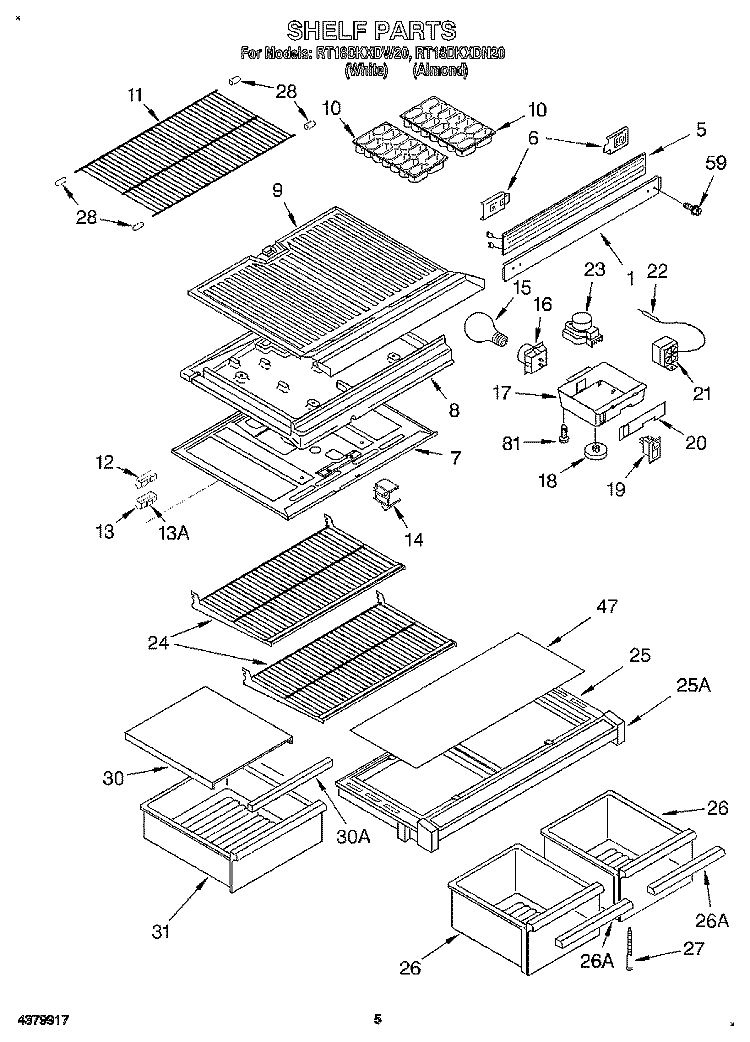 SHELF Diagram and Parts List for RT18DKXDN20  Roper Refrigerator