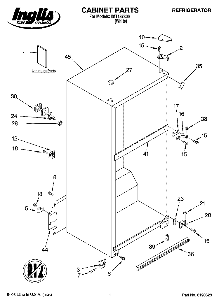 CABINET PARTS Diagram and Parts List for IMT187300  Inglis Refrigerator