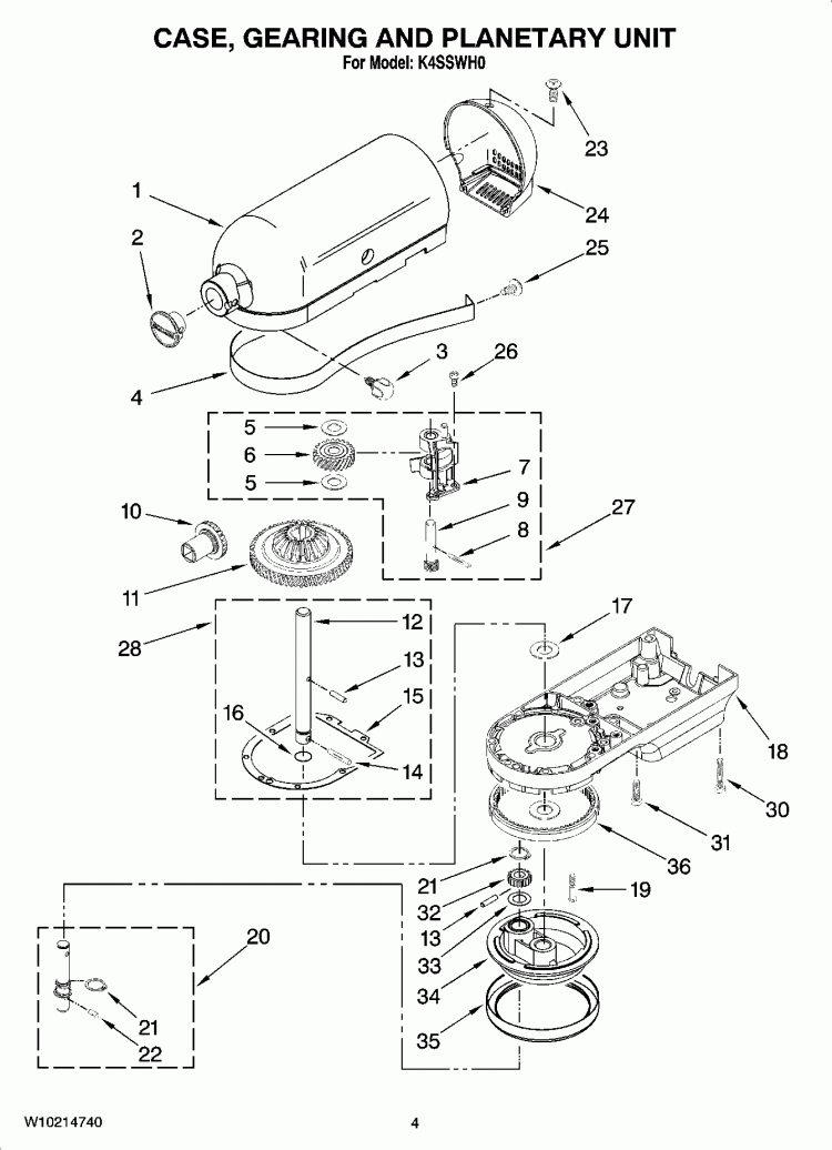 CASE, GEARING AND PLANETARY UNIT Diagram and Parts List for K4SSWH0  KitchenAid Mixer