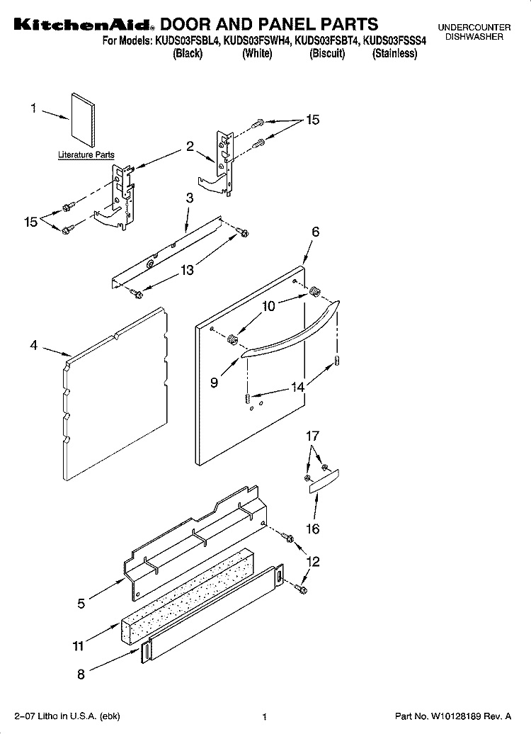 DOOR AND PANEL PARTS Diagram and Parts List for KUDS03FSSS4  KitchenAid Dishwasher