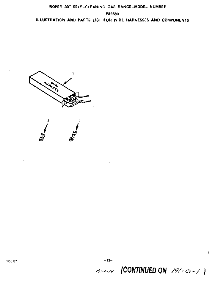 WIRE HARNESSES AND COMPONENTS Diagram and Parts List for F8958W0  Roper Range