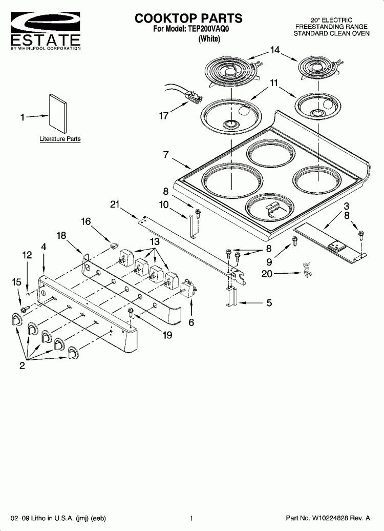 COOKTOP PARTS Diagram and Parts List for TEP200VAQ0  Estate Range