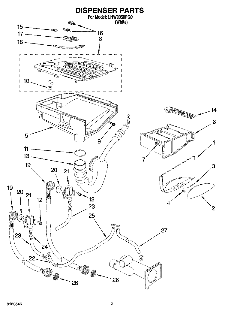 DISPENSER PARTS Diagram and Parts List for LHW0050PQ0  Whirlpool Washer