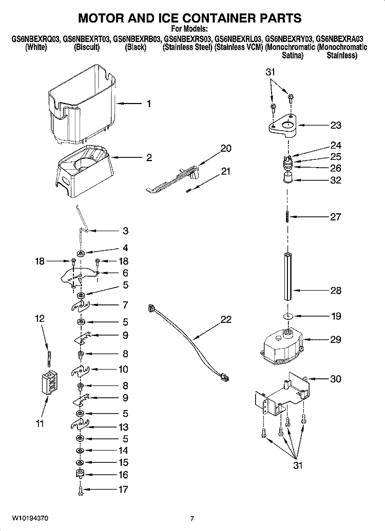 MOTOR AND ICE CONTAINER PARTS Diagram and Parts List for GS6NBEXRL03  Whirlpool Refrigerator