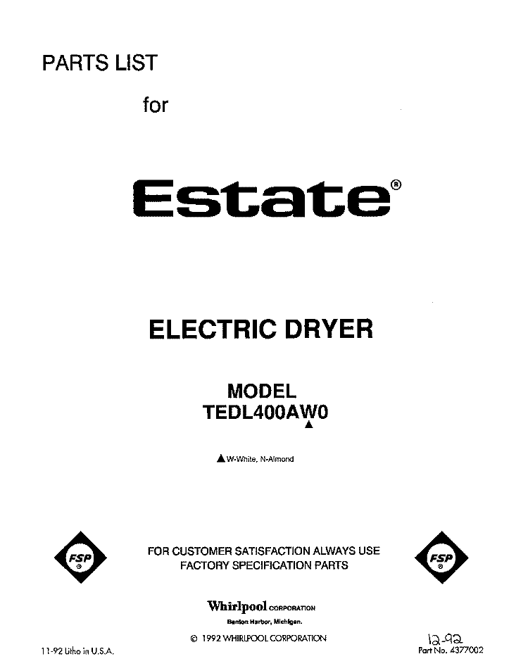 SECTION Diagram and Parts List for TEDL400AN0  Whirlpool Dryer