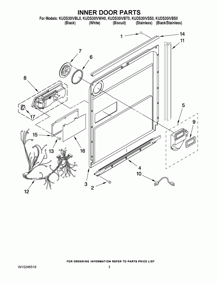 INNER DOOR PARTS Diagram and Parts List for KUDS30IVSS0  KitchenAid Dishwasher