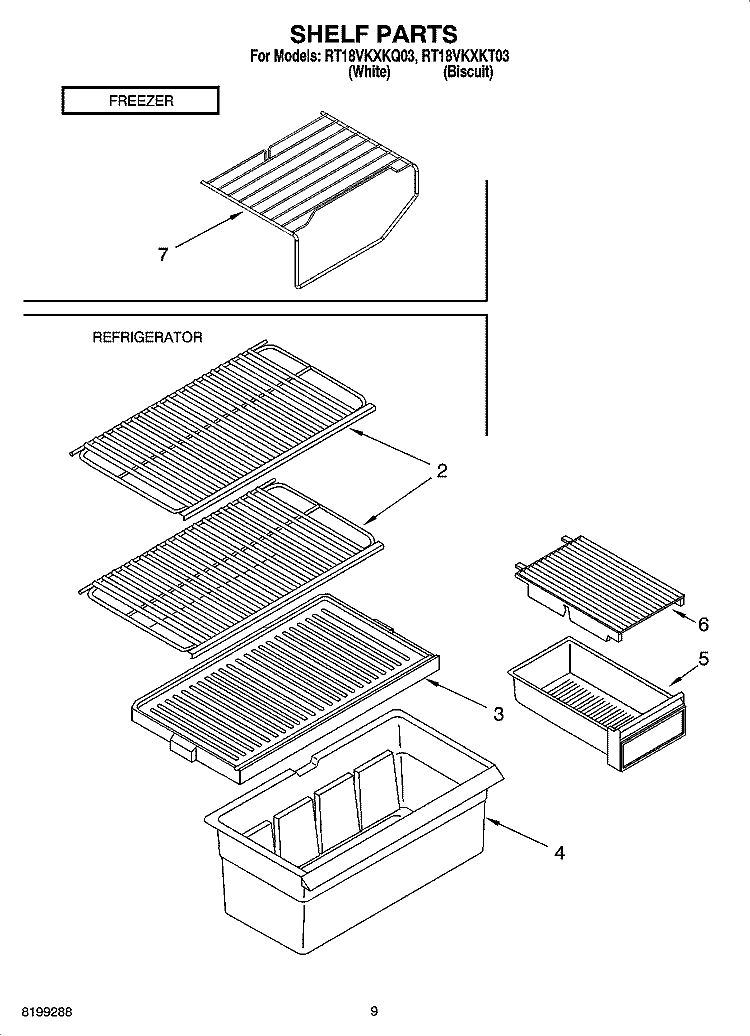 SHELF PARTS, OPTIONAL PARTS Diagram and Parts List for RT18VKXKQ03  Roper Refrigerator