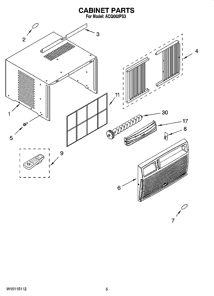CABINET PARTS Diagram and Parts List for ACQ062PS3  Whirlpool Air Conditioner