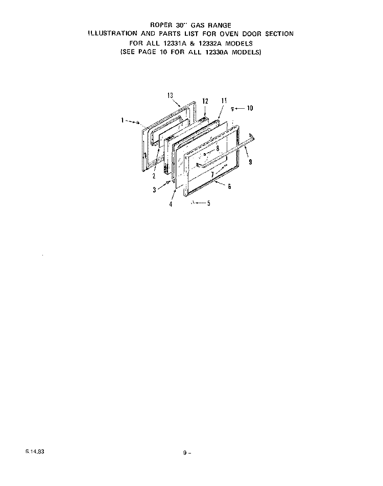 LOWER OVEN DOOR Diagram and Parts List for 1233^1A  Whirlpool Range