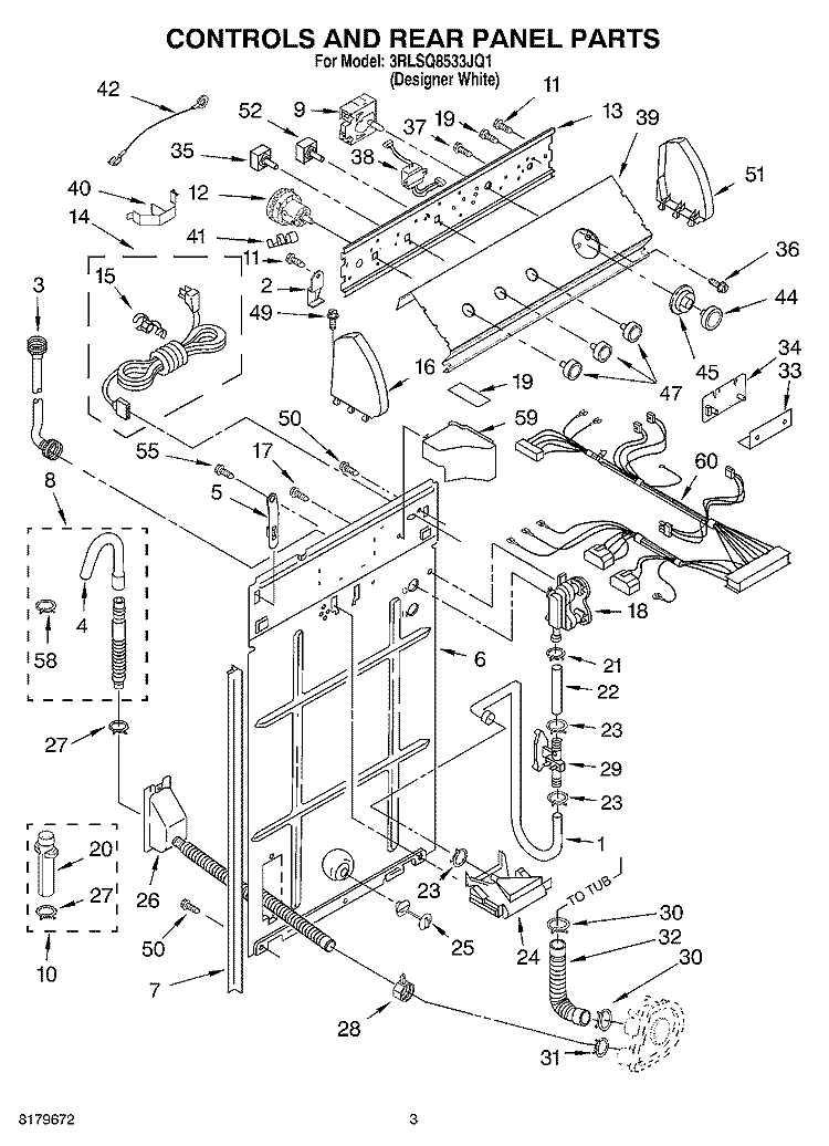 CONTROLS AND REAR PANEL Diagram and Parts List for 3RLSQ8533JQ1  Whirlpool Washer