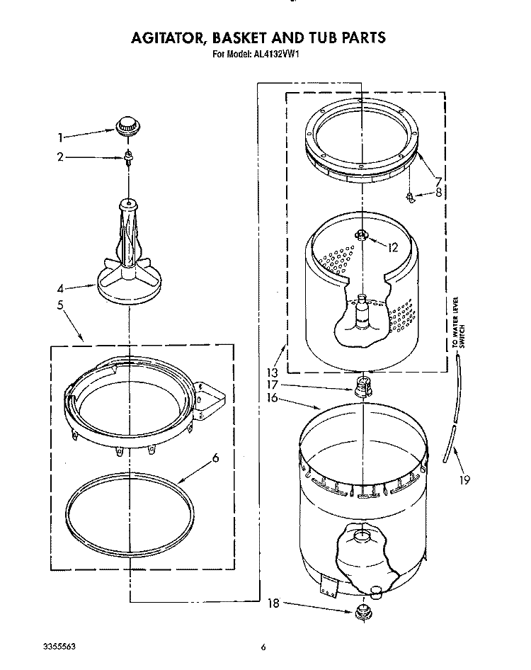 AGITATOR, BASKET AND TUB Diagram and Parts List for AL4132VL1  Whirlpool Washer
