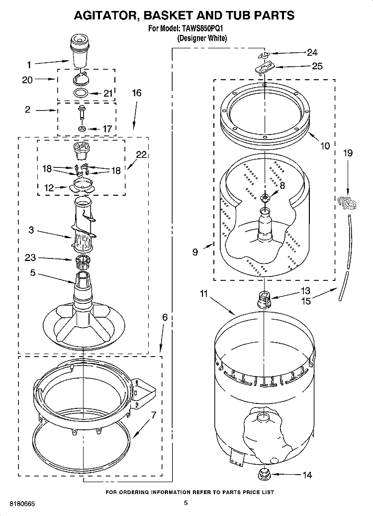 AGITATOR, BASKET AND TUB PARTS Diagram and Parts List for TAWS850PQ1  Estate Washer