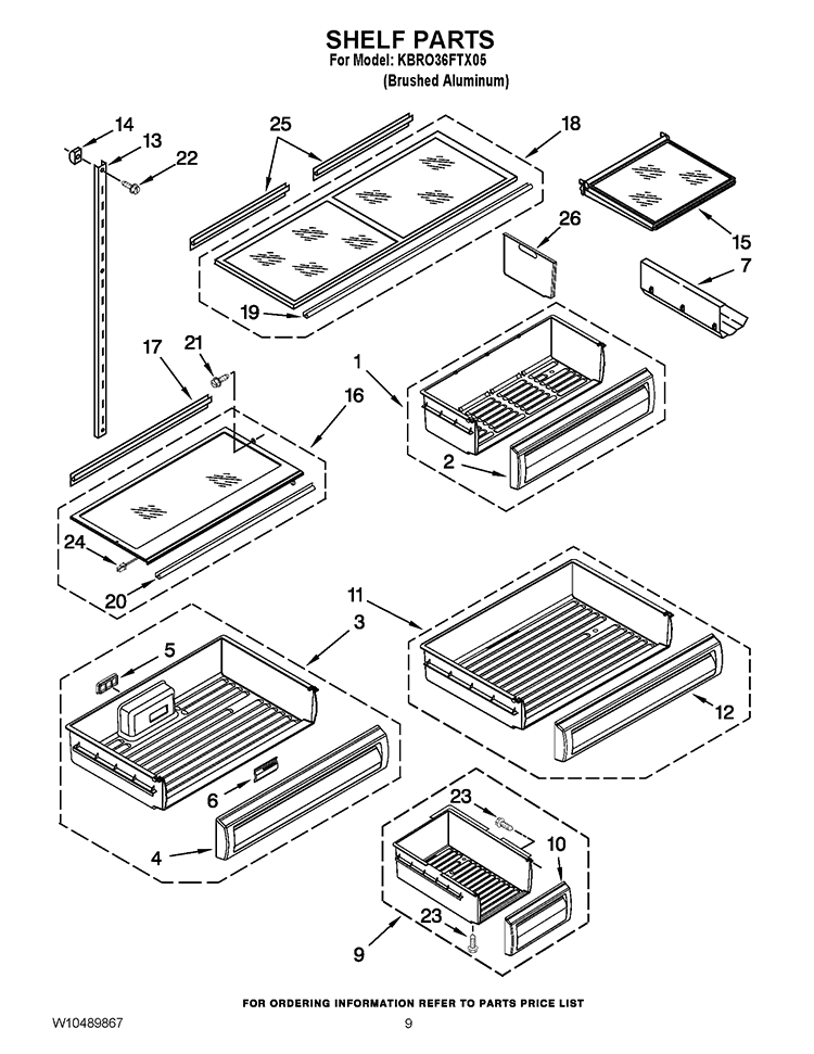 SHELF PARTS Diagram and Parts List for KBRO36FTX05  KitchenAid Refrigerator