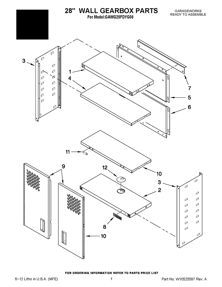 28`` WALL GEARBOX PARTS Diagram and Parts List for GAWG28FDYG00  Whirlpool Cabinet