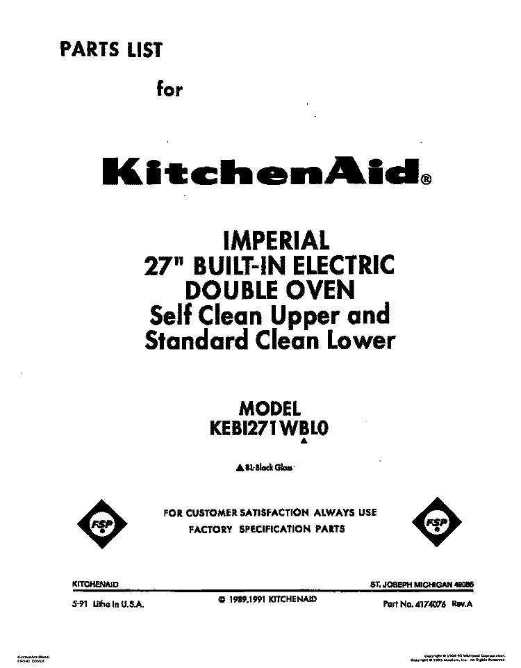 COVER Diagram and Parts List for KEBI271WBL0  KitchenAid Wall Oven