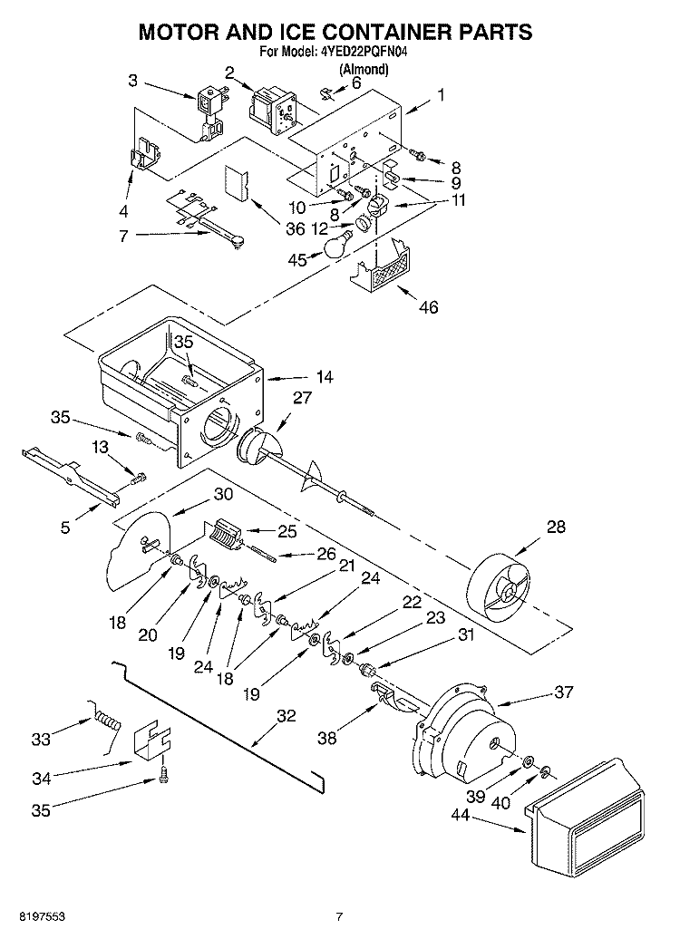 MOTOR AND ICE CONTAINER Diagram and Parts List for 4YED22PQFN04  Whirlpool Refrigerator