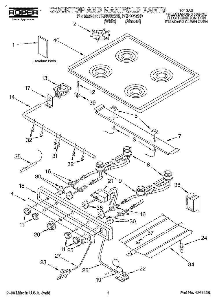 COOKTOP AND MANIFOLD, LITERATURE Diagram and Parts List for FGP305EW3  Roper Range