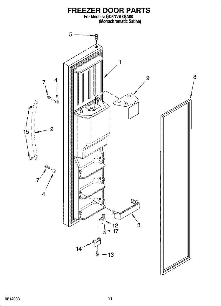 FREEZER DOOR PARTS Diagram and Parts List for GD5NVAXSA00  Whirlpool Refrigerator