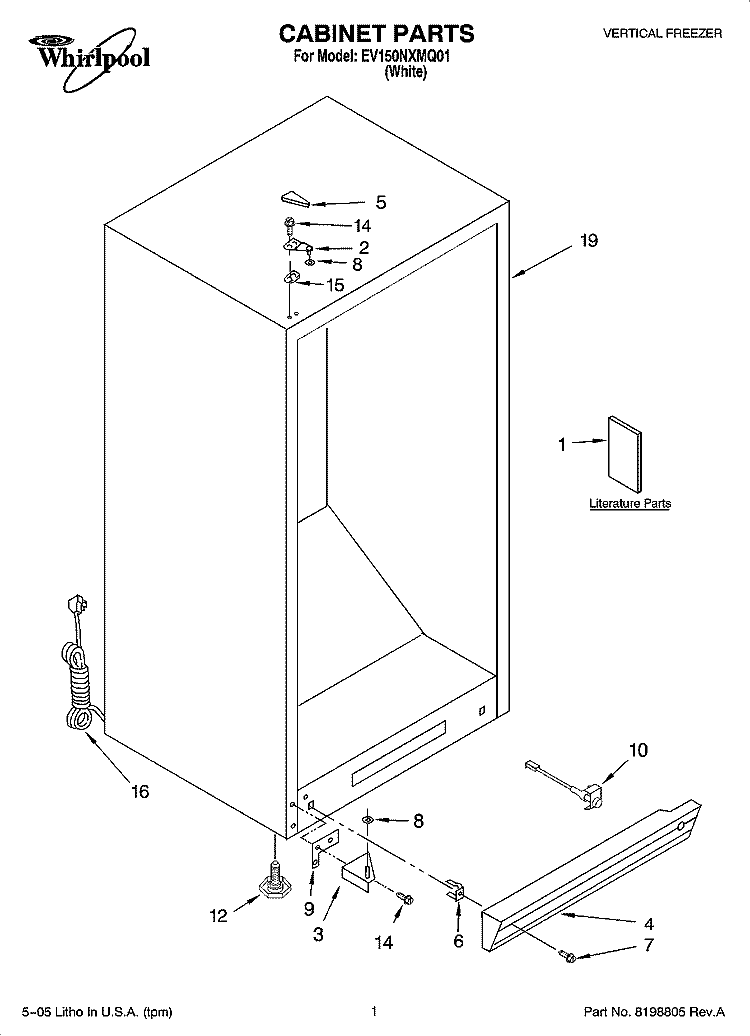 CABINET PARTS Diagram and Parts List for EV150NXMQ01  Whirlpool Freezer