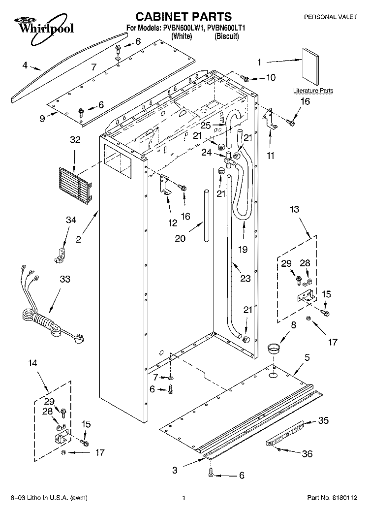 CABINET PARTS Diagram and Parts List for PVBN600LW1  Whirlpool Cabinet