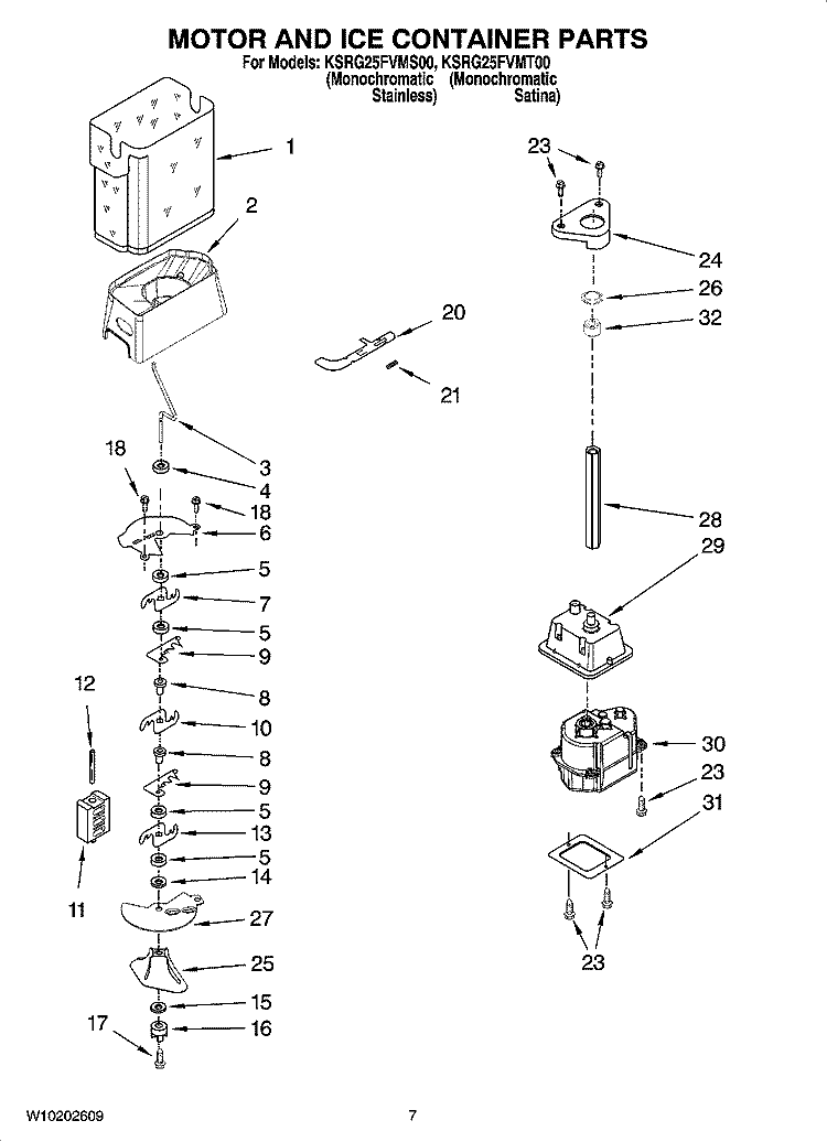 MOTOR AND ICE CONTAINER PARTS Diagram and Parts List for KSRG25FVMS00  KitchenAid Refrigerator