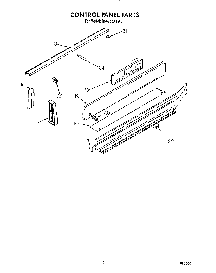 CONTROL PANEL Diagram and Parts List for RS6755XYW0  Whirlpool Range