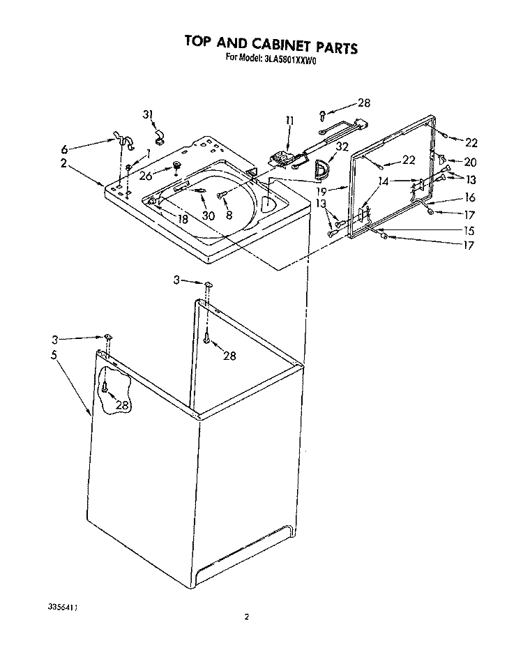 TOP AND CABINET, LIT/OPTIONAL Diagram and Parts List for 3LA5801XXN0  Whirlpool Washer