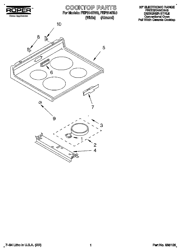 COOKTOP AND CONTROL Diagram and Parts List for FEP314BL0  Roper Range