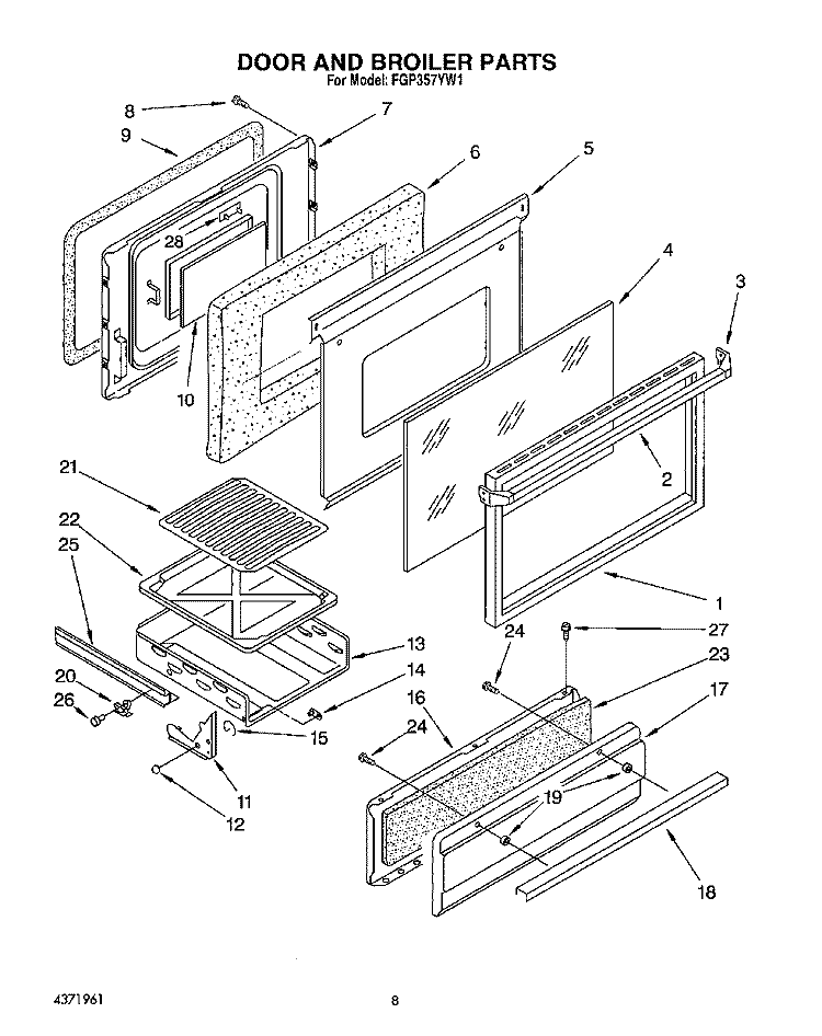 DOOR AND BROILER Diagram and Parts List for FGP357YW1  Roper Range