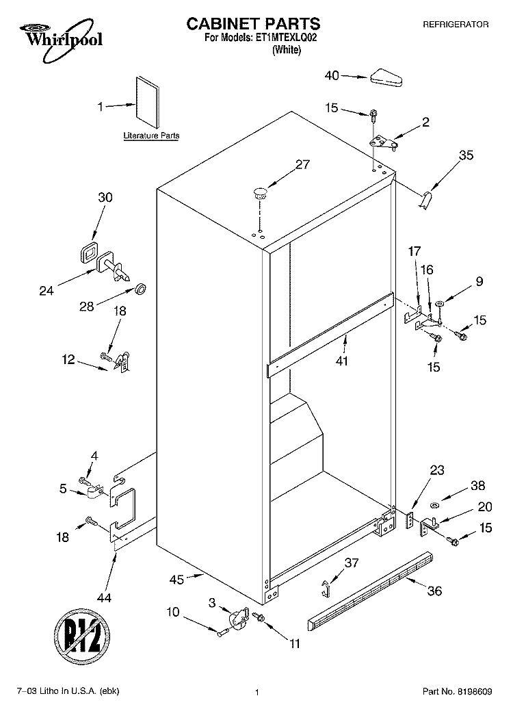 CABINET PARTS Diagram and Parts List for ET1MTEXLQ02  Whirlpool Refrigerator