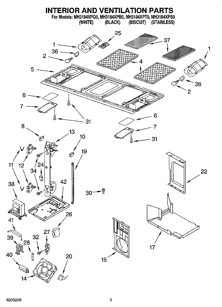 INTERIOR AND VENTILATION PARTS Diagram and Parts List for MH3184XPS0  Whirlpool Microwave
