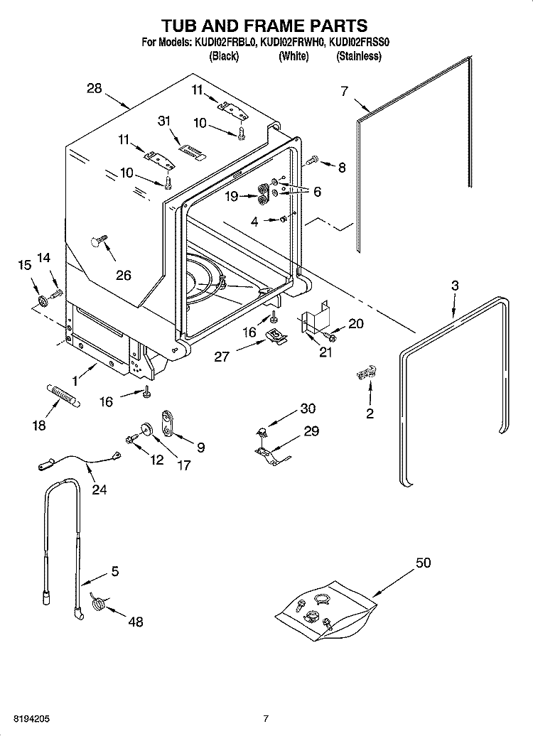 TUB AND FRAME PARTS Diagram and Parts List for KUDI02FRSS0  KitchenAid Dishwasher