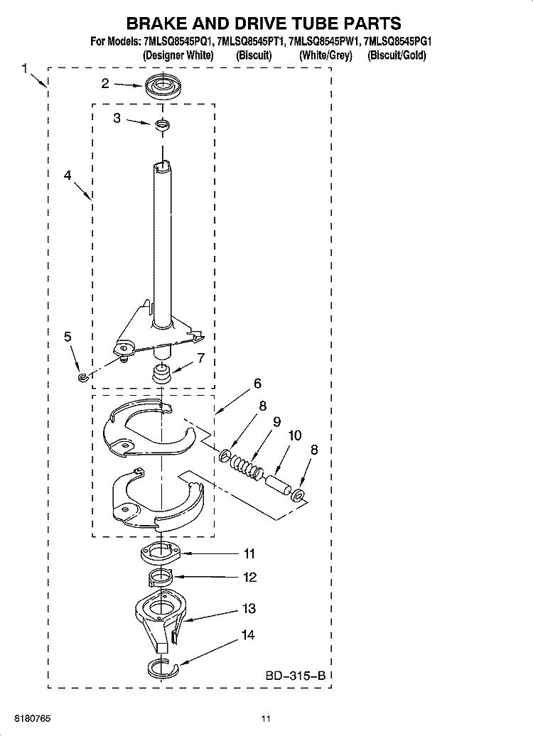 BRAKE AND DRIVE TUBE PARTS Diagram and Parts List for 7MLSQ8545PQ1  Whirlpool Washer