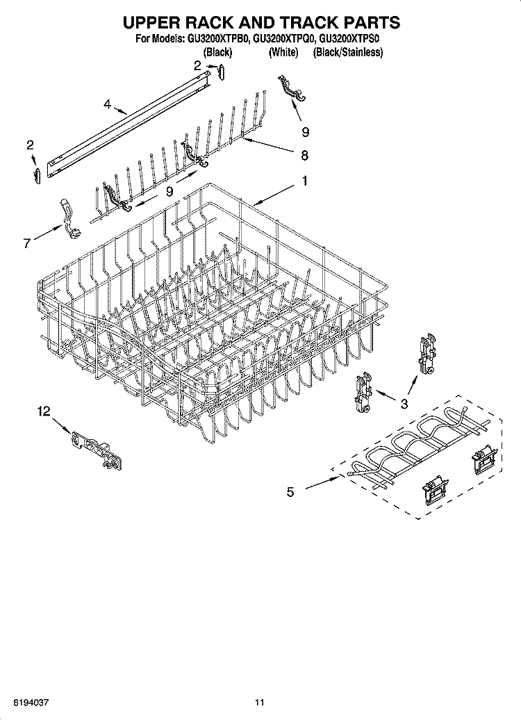 UPPER RACK AND TRACK PARTS Diagram and Parts List for GU3200XTPB0  Whirlpool Dishwasher