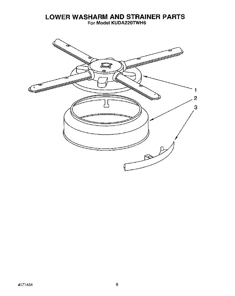 LOWER WASHARM AND STRAINER Diagram and Parts List for KUDA220TWH6  KitchenAid Dishwasher