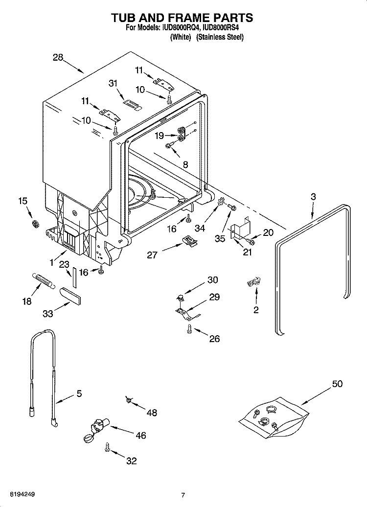 TUB AND FRAME PARTS Diagram and Parts List for IUD8000RS4  Whirlpool Dishwasher
